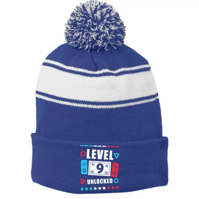 Level 9 Unlocked Video Gamer 9th Birthday Funny Gift Stripe Pom Pom Beanie