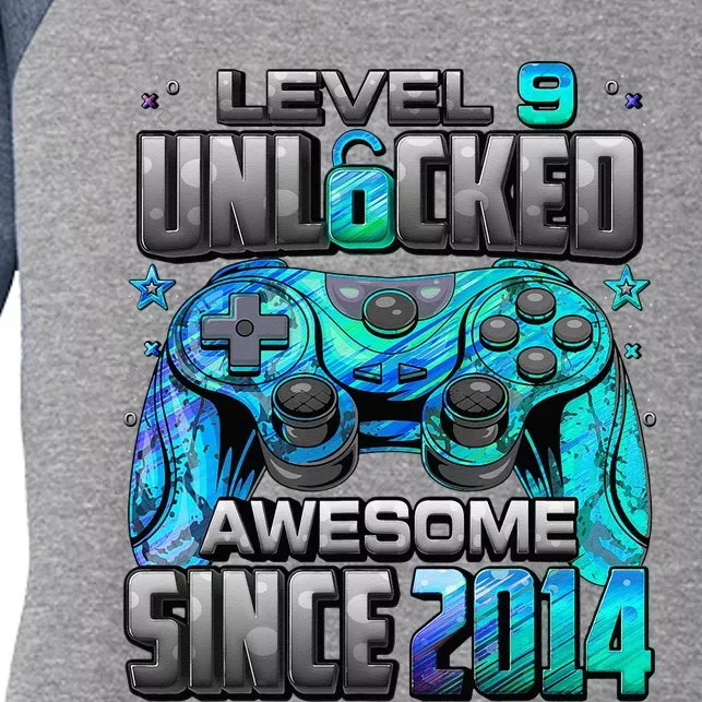 Level 9 Unlocked Awesome Since 2014 9th Birthday Gaming Women's Tri-Blend 3/4-Sleeve Raglan Shirt