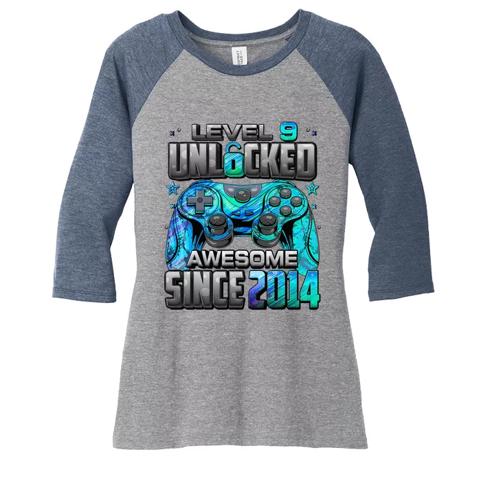 Level 9 Unlocked Awesome Since 2014 9th Birthday Gaming Women's Tri-Blend 3/4-Sleeve Raglan Shirt