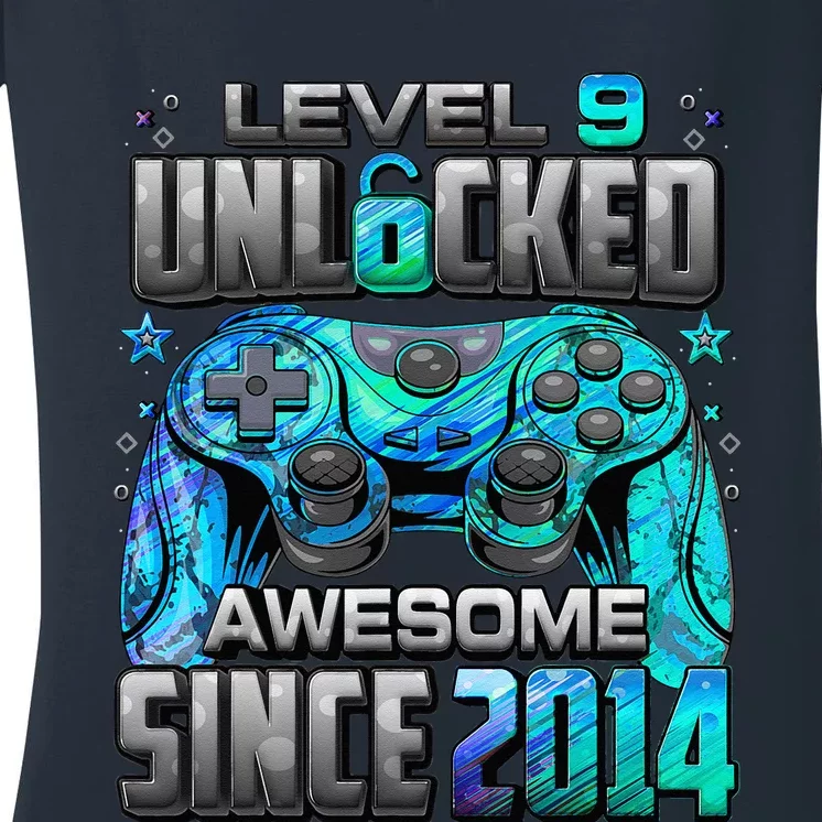 Level 9 Unlocked Awesome Since 2014 9th Birthday Gaming Women's V-Neck T-Shirt