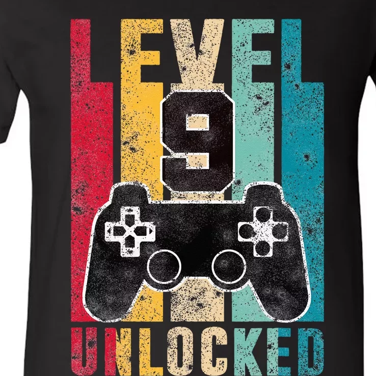 Level 9 Unlocked 9 Year Old Bday Gifts Gaming 9th Birthday V-Neck T-Shirt