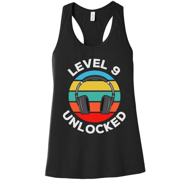 Level 9 Unlocked Music Dj Headphones Vintage 9th Birthday Women's Racerback Tank