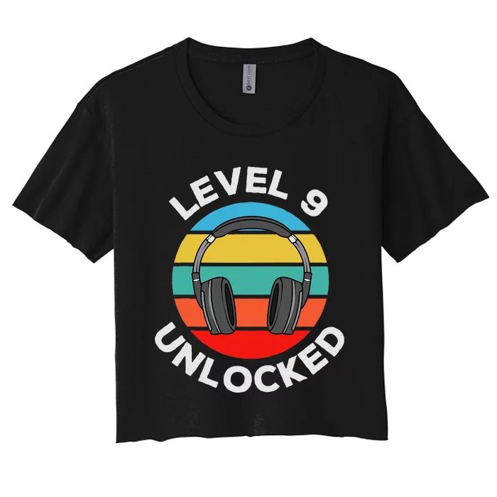 Level 9 Unlocked Music Dj Headphones Vintage 9th Birthday Women's Crop Top Tee