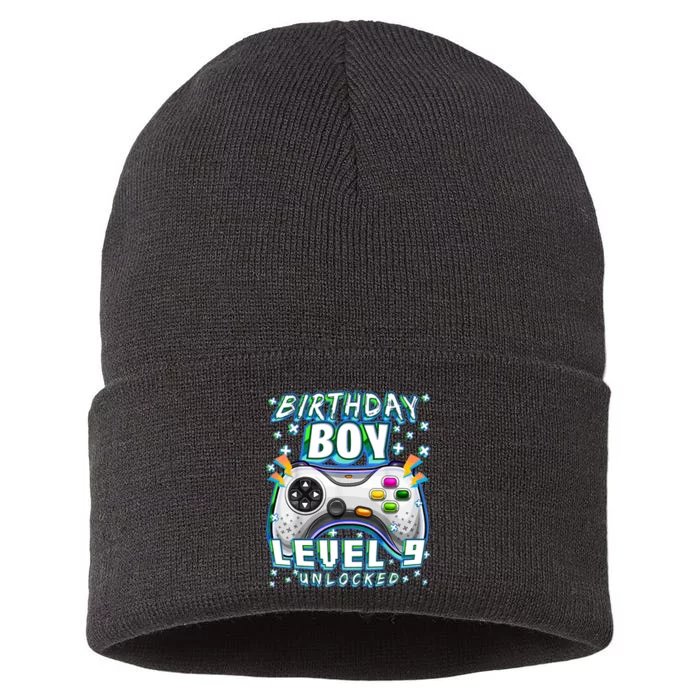 Level 9 Unlocked Video Game 9th Birthday Gamer Boys TShirt Sustainable Knit Beanie