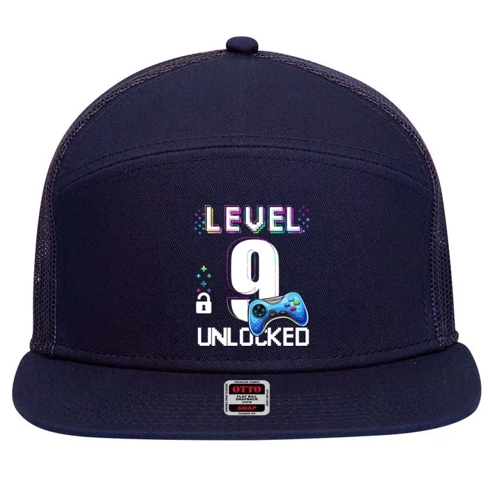 Level 9 Unlocked Video Game 9th Birthday Boy Gamer 7 Panel Mesh Trucker Snapback Hat