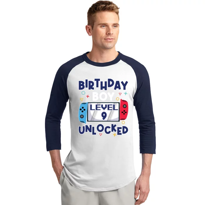 Level 9 Unlocked Gamer 9th Birthday Celebration Gift Baseball Sleeve Shirt