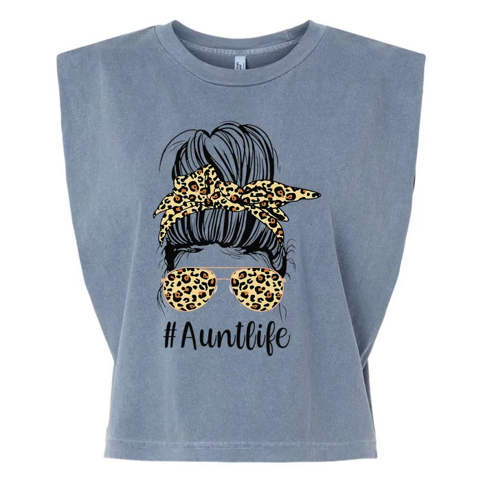 Leopard Aunties Aunt Life Funny Messy Bun Mother's Day Garment-Dyed Women's Muscle Tee