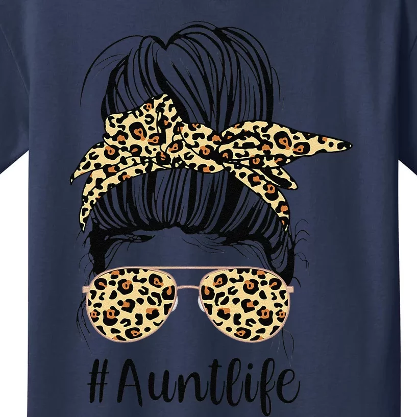 Leopard Aunties Aunt Life Funny Messy Bun Mother's Day Kids T-Shirt