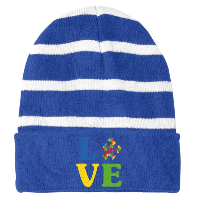 Love Autism Awareness Autistic Puzzle Piece Gift Striped Beanie with Solid Band