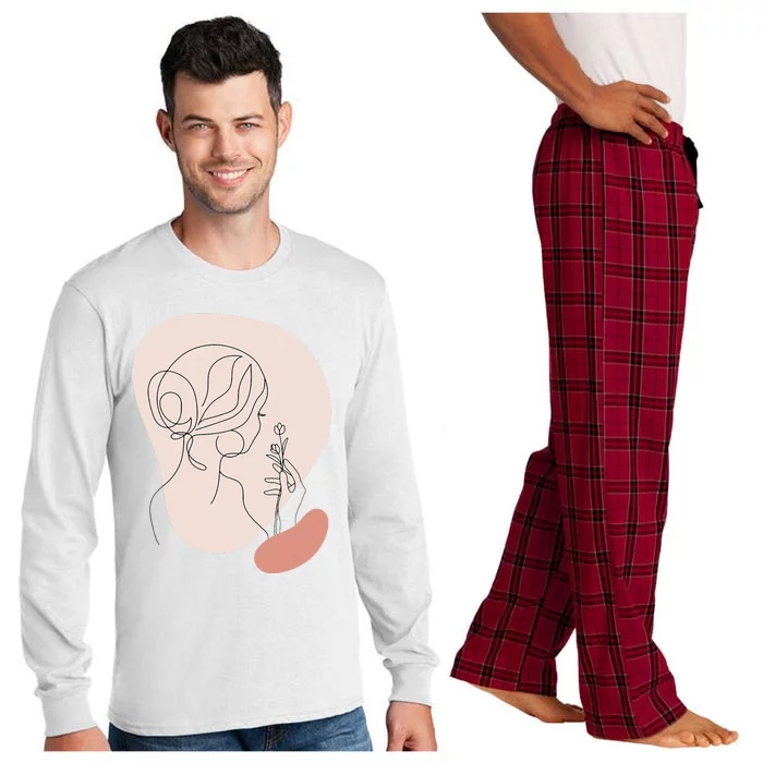 Line Art Abstract Minimalist Of Women Face With Rose Flower Long Sleeve Pajama Set