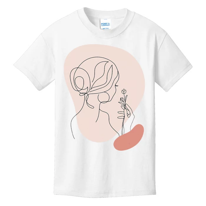 Line Art Abstract Minimalist Of Women Face With Rose Flower Kids T-Shirt