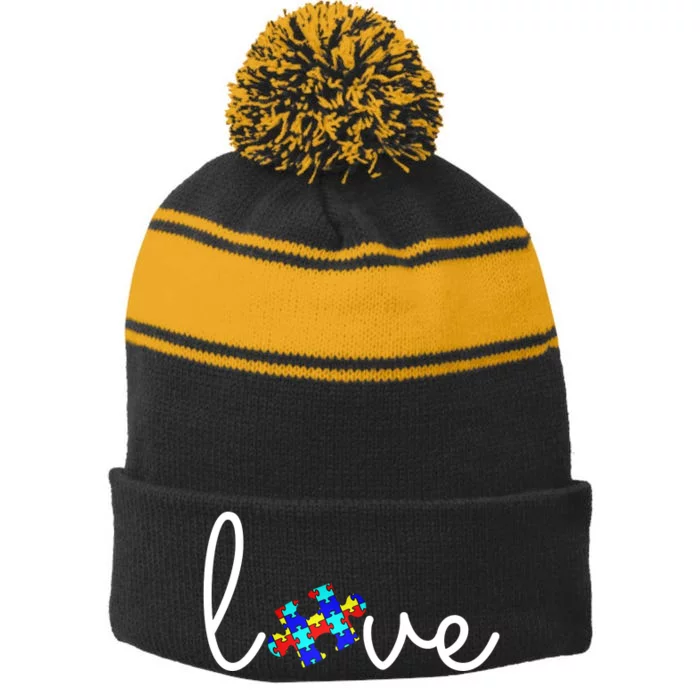 Love Autism Awareness Puzzle Piece Stripe Pom Pom Beanie