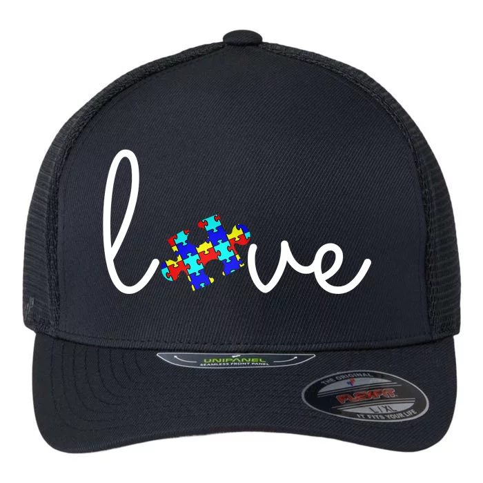 Love Autism Awareness Puzzle Piece Flexfit Unipanel Trucker Cap