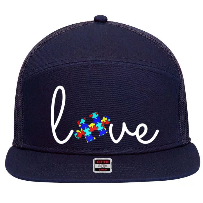 Love Autism Awareness Puzzle Piece 7 Panel Mesh Trucker Snapback Hat