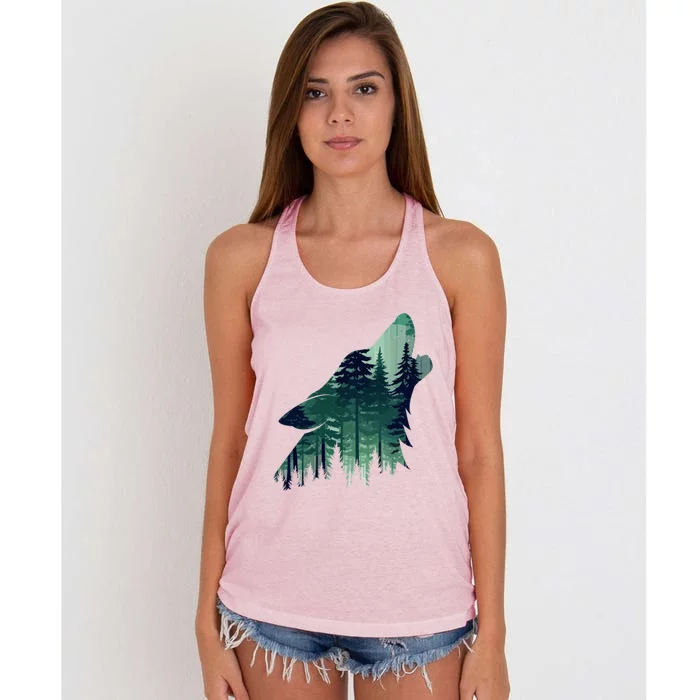 Landscape Animal Art Nature Forest Hiking Howling Wolf Gift Women's Knotted Racerback Tank