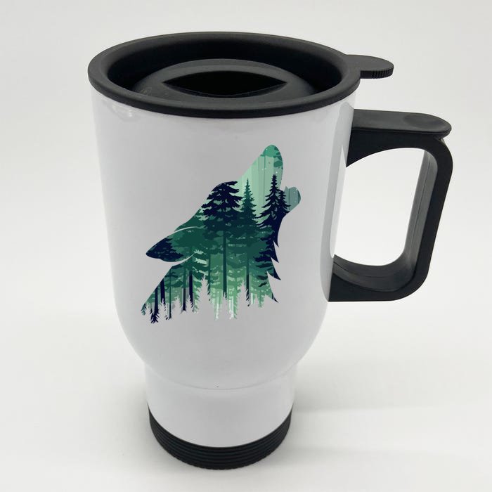 Landscape Animal Art Nature Forest Hiking Howling Wolf Gift Front & Back Stainless Steel Travel Mug