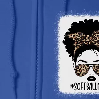 Leopard African American Softball Mom Life Messy Bun Hair Gift Full Zip Hoodie