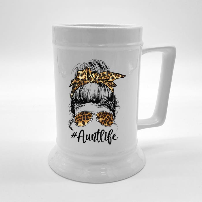 Leopard Auties Aunt Life Cute Messy Bun Mother's Day Front & Back Beer Stein