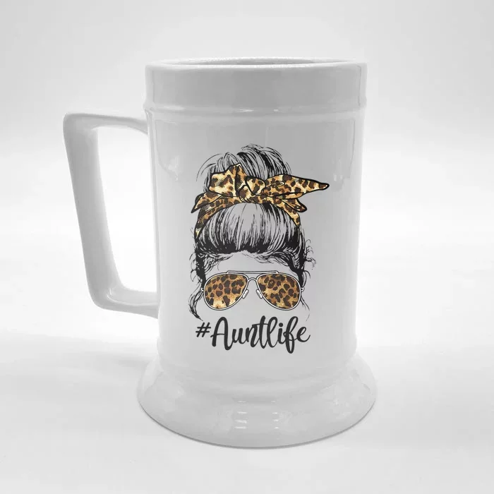 Leopard Auties Aunt Life Cute Messy Bun Mother's Day Front & Back Beer Stein