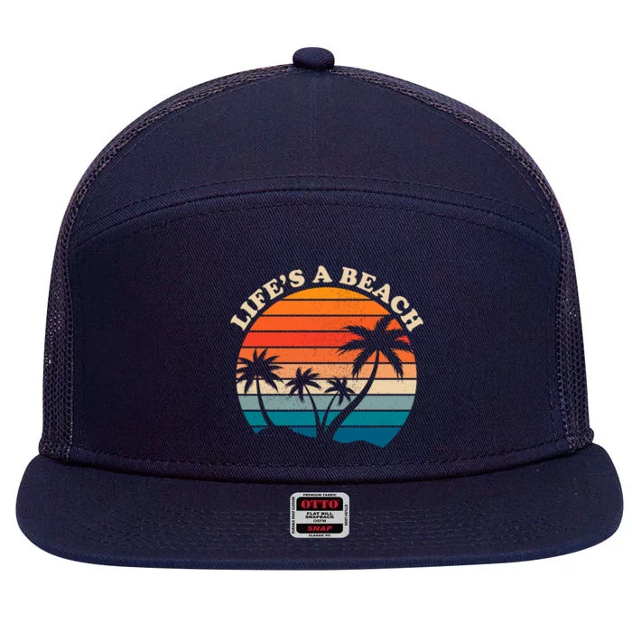 Lifes A Beach Retro Sunset Palm Tree 7 Panel Mesh Trucker Snapback Hat