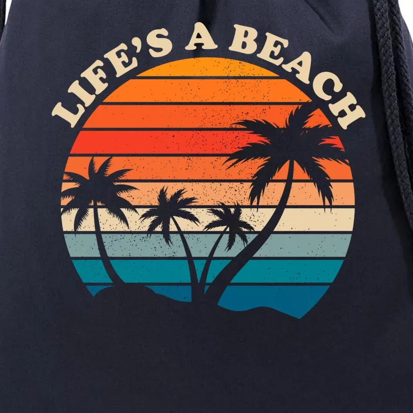 Lifes A Beach Retro Sunset Palm Tree Drawstring Bag