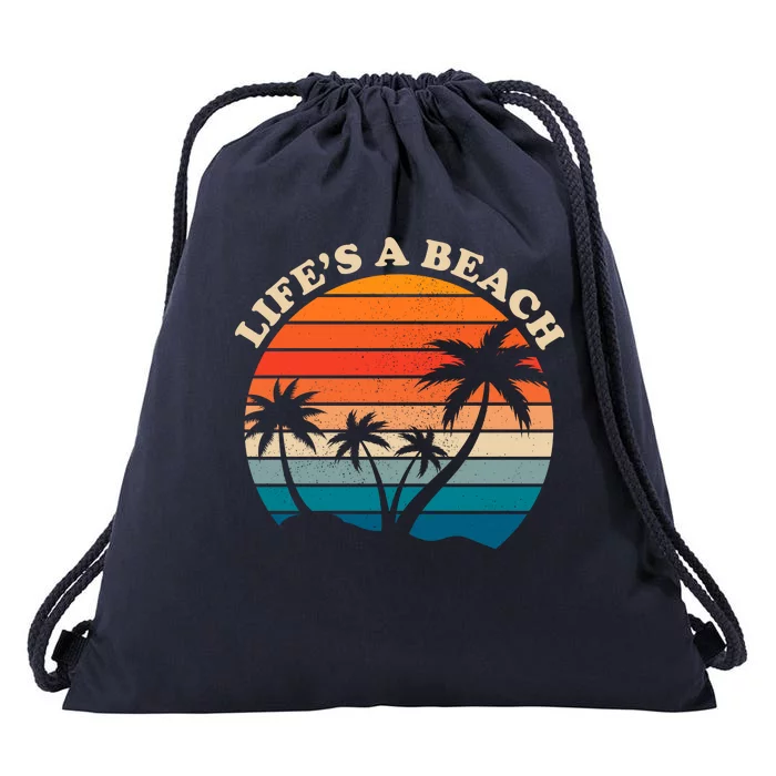 Lifes A Beach Retro Sunset Palm Tree Drawstring Bag