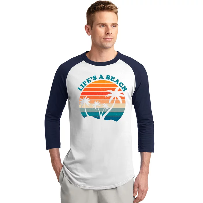 Lifes A Beach Retro Sunset Palm Tree Baseball Sleeve Shirt