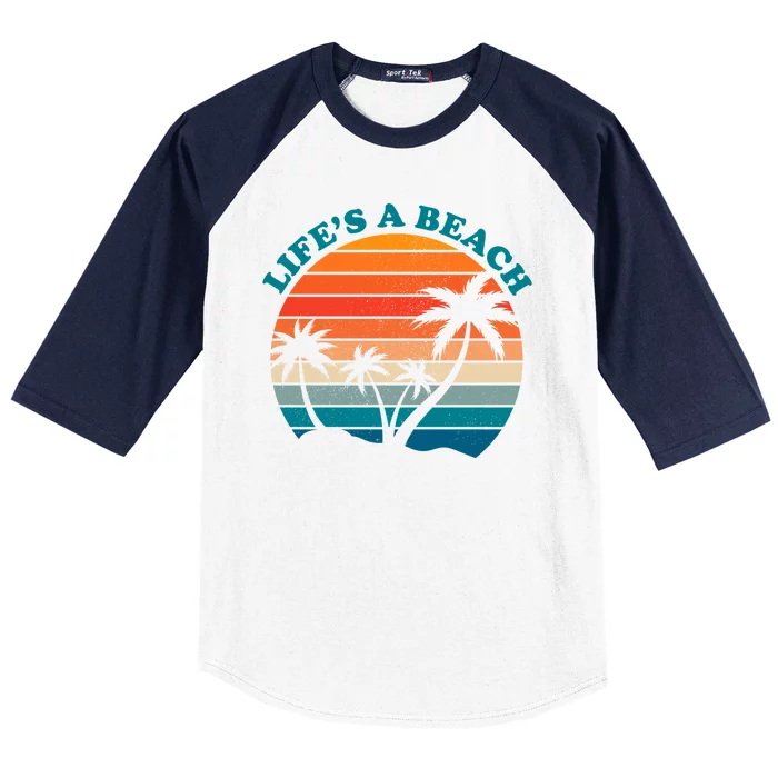 Lifes A Beach Retro Sunset Palm Tree Baseball Sleeve Shirt