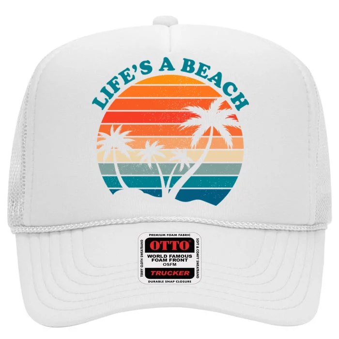 Lifes A Beach Retro Sunset Palm Tree High Crown Mesh Trucker Hat