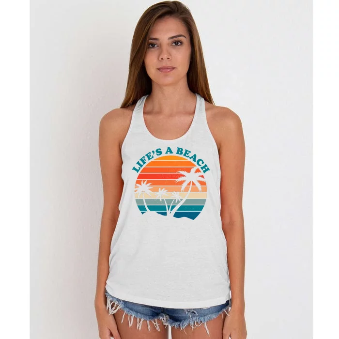 Lifes A Beach Retro Sunset Palm Tree Women's Knotted Racerback Tank