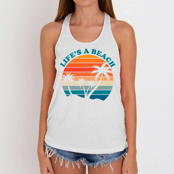 Lifes A Beach Retro Sunset Palm Tree Women's Knotted Racerback Tank