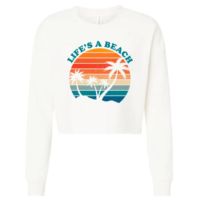 Lifes A Beach Retro Sunset Palm Tree Cropped Pullover Crew