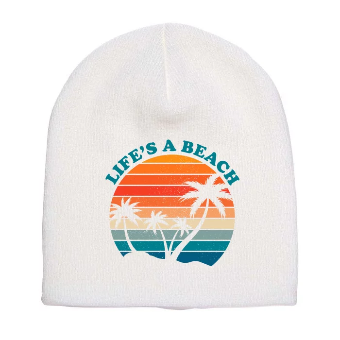 Lifes A Beach Retro Sunset Palm Tree Short Acrylic Beanie