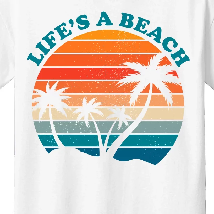 Lifes A Beach Retro Sunset Palm Tree Kids T-Shirt