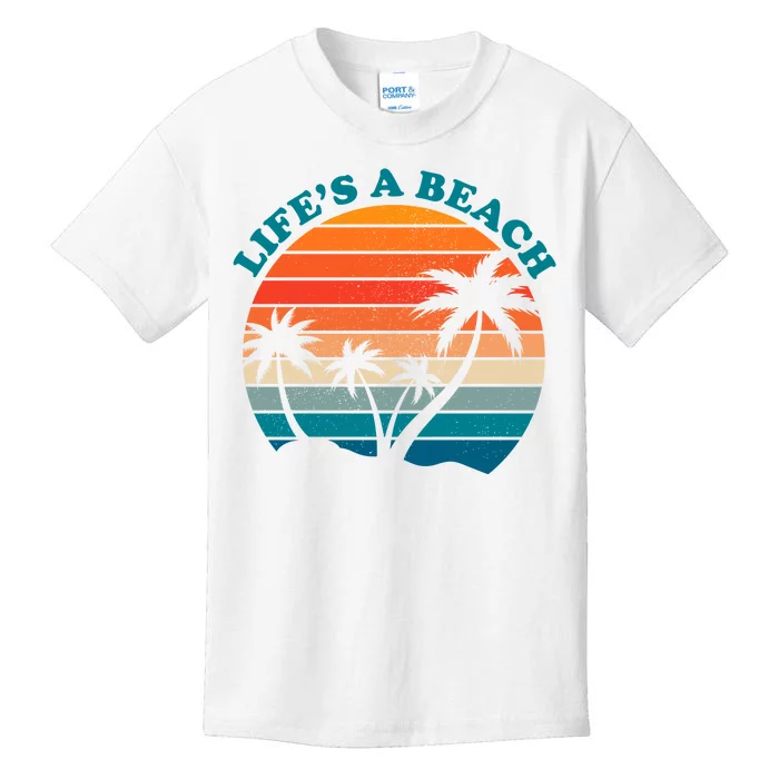 Lifes A Beach Retro Sunset Palm Tree Kids T-Shirt