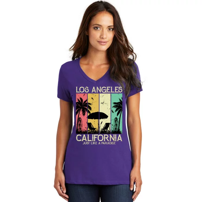 Los Angeles California Just Like A Paradise Retro Women's V-Neck T-Shirt