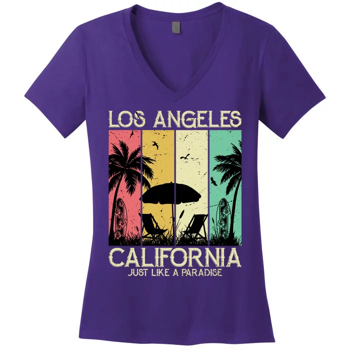 Los Angeles California Just Like A Paradise Retro Women's V-Neck T-Shirt