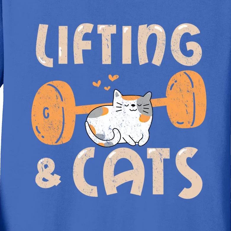 Lifting And Cats Funny Cat Lovers Gym Funny Weightlifting Cute Gift Kids Long Sleeve Shirt