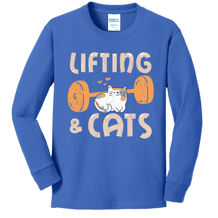 Lifting And Cats Funny Cat Lovers Gym Funny Weightlifting Cute Gift Kids Long Sleeve Shirt