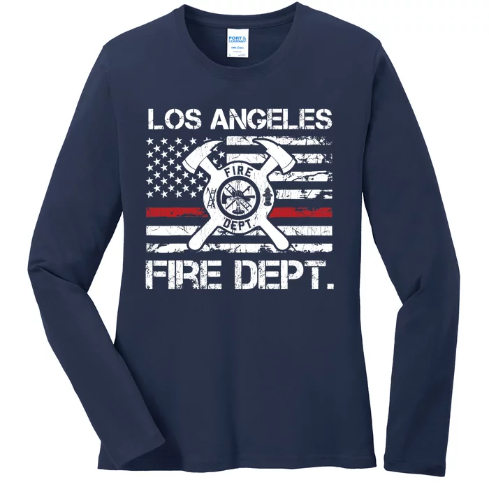 Los Angeles California Fire Department Thin Red Line Fireman Ladies Long Sleeve Shirt