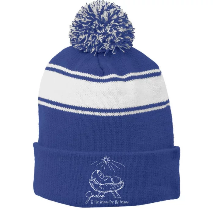 Line Art Christmas Jesus Is The Reason For The Season Gift Stripe Pom Pom Beanie