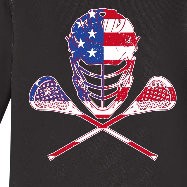 Lacrosse Sport Fan USA American Flag Baby Long Sleeve Bodysuit