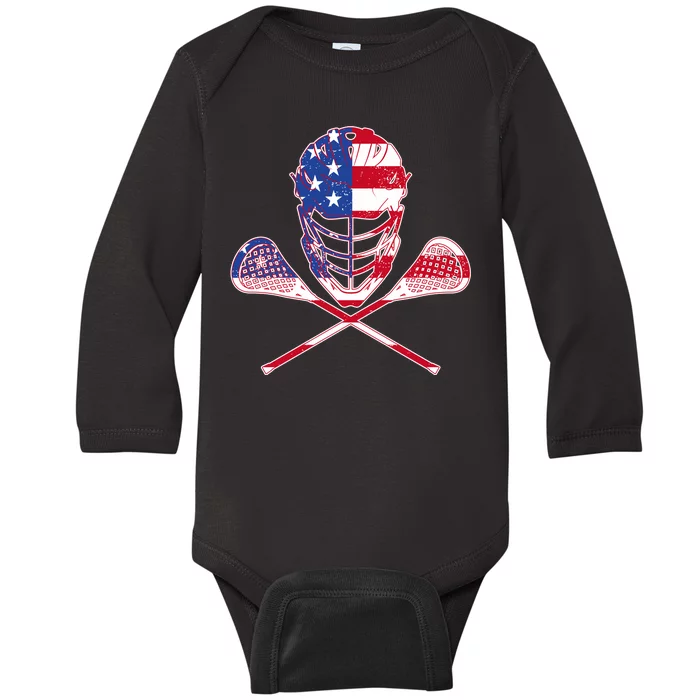 Lacrosse Sport Fan USA American Flag Baby Long Sleeve Bodysuit