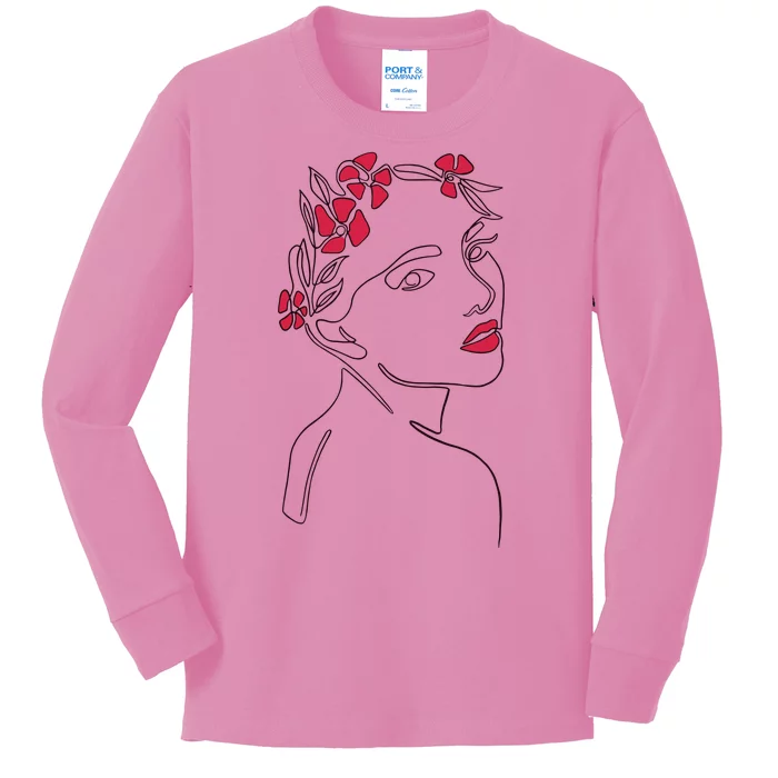 Lady Floral Outline Illustration Kids Long Sleeve Shirt