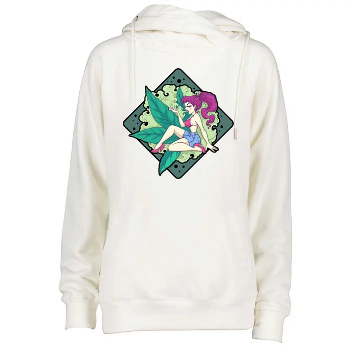 Lady Smoking Cannabis Diamond Womens Funnel Neck Pullover Hood