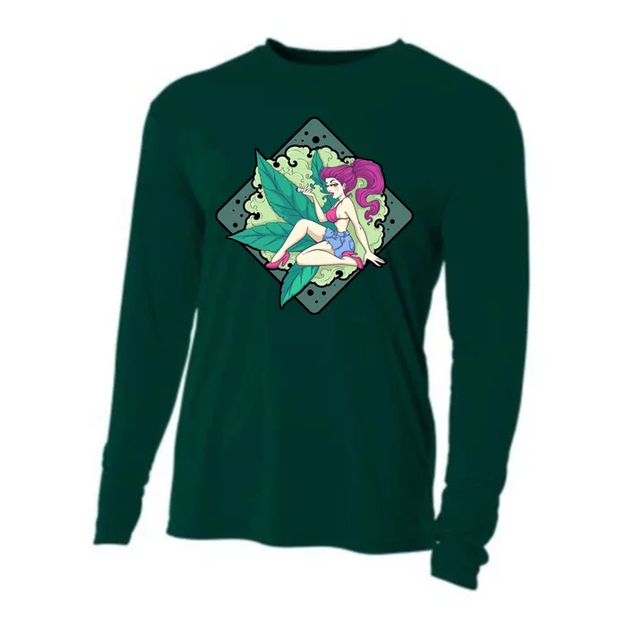 Lady Smoking Cannabis Diamond Cooling Performance Long Sleeve Crew