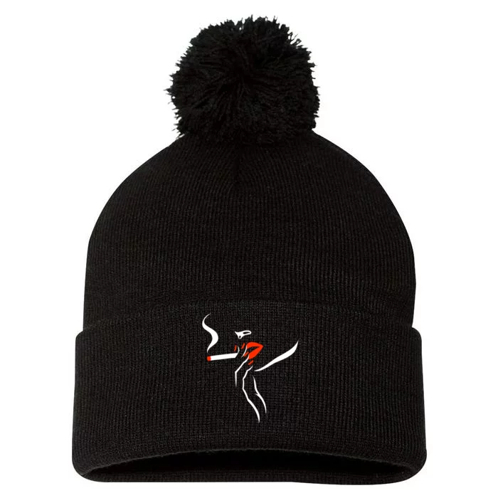 Lady Smoking Simplistic Silhouette Pom Pom 12in Knit Beanie