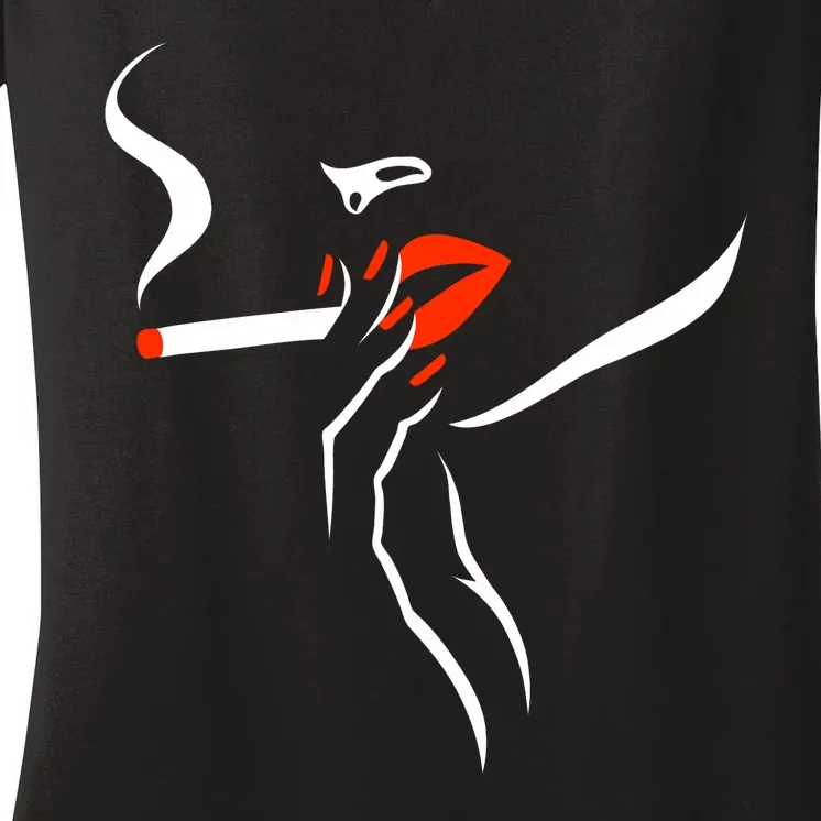 Lady Smoking Simplistic Silhouette Women's V-Neck T-Shirt