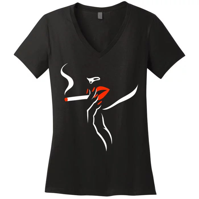 Lady Smoking Simplistic Silhouette Women's V-Neck T-Shirt