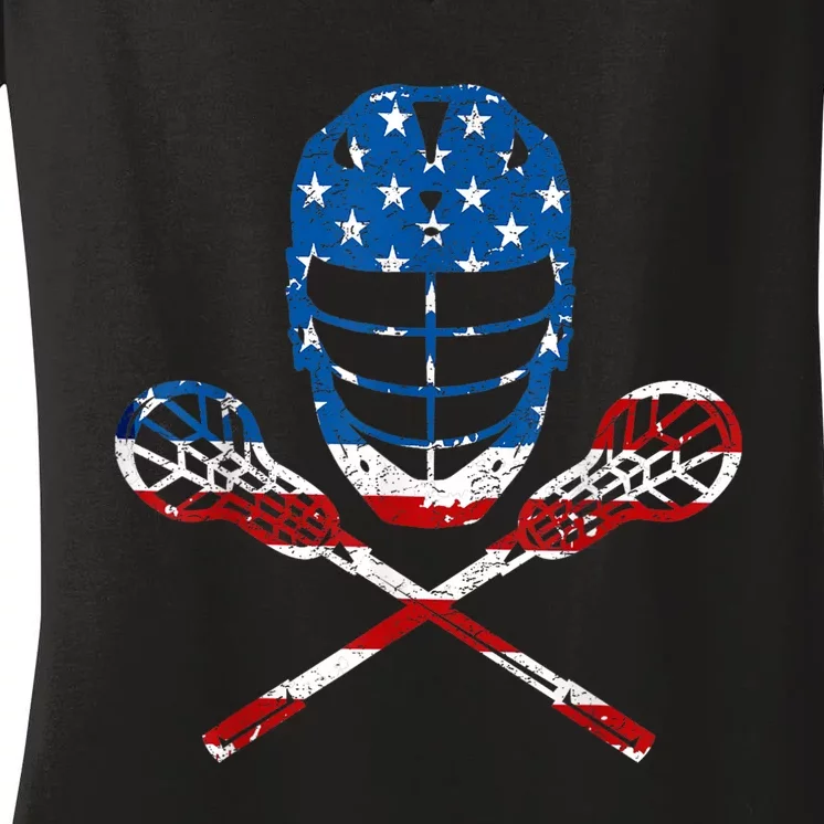 Lacrosse American Flag Lax Helmet Sticks 4th Of July Gifts Women's V-Neck T-Shirt